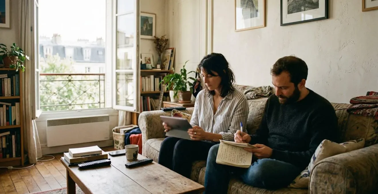 Un couple assis côte à côte sur un canapé, l'un tient une tablette dont l'écran reste flouté, l'autre prend des notes sur un carnet, lumière naturelle filtrant par une fenêtre