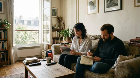 Un couple assis côte à côte sur un canapé, l'un tient une tablette dont l'écran reste flouté, l'autre prend des notes sur un carnet, lumière naturelle filtrant par une fenêtre