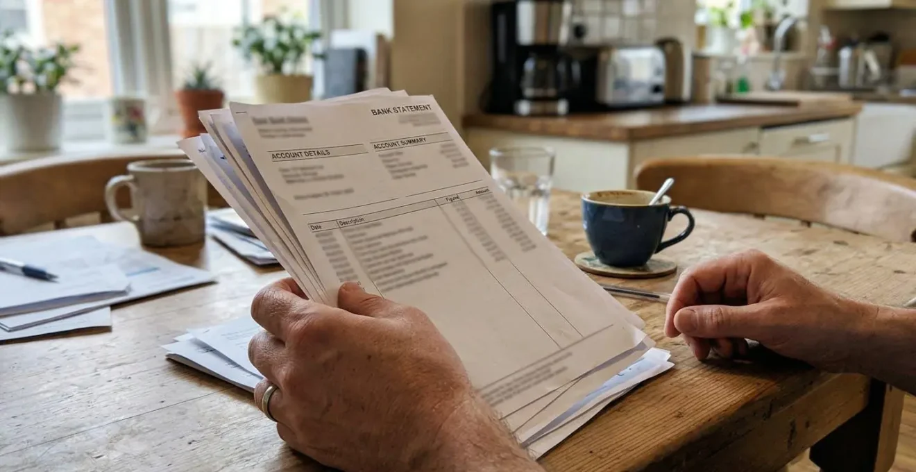 Des mains tenant des documents papier, relevés bancaires et justificatifs, posés sur une table de cuisine avec une tasse de café en arrière-plan