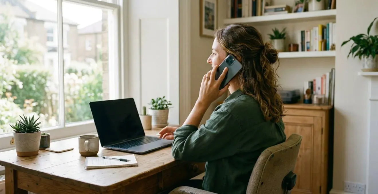 Une personne au téléphone dans un espace de travail lumineux, attitude détendue, ordinateur portable fermé posé sur le bureau