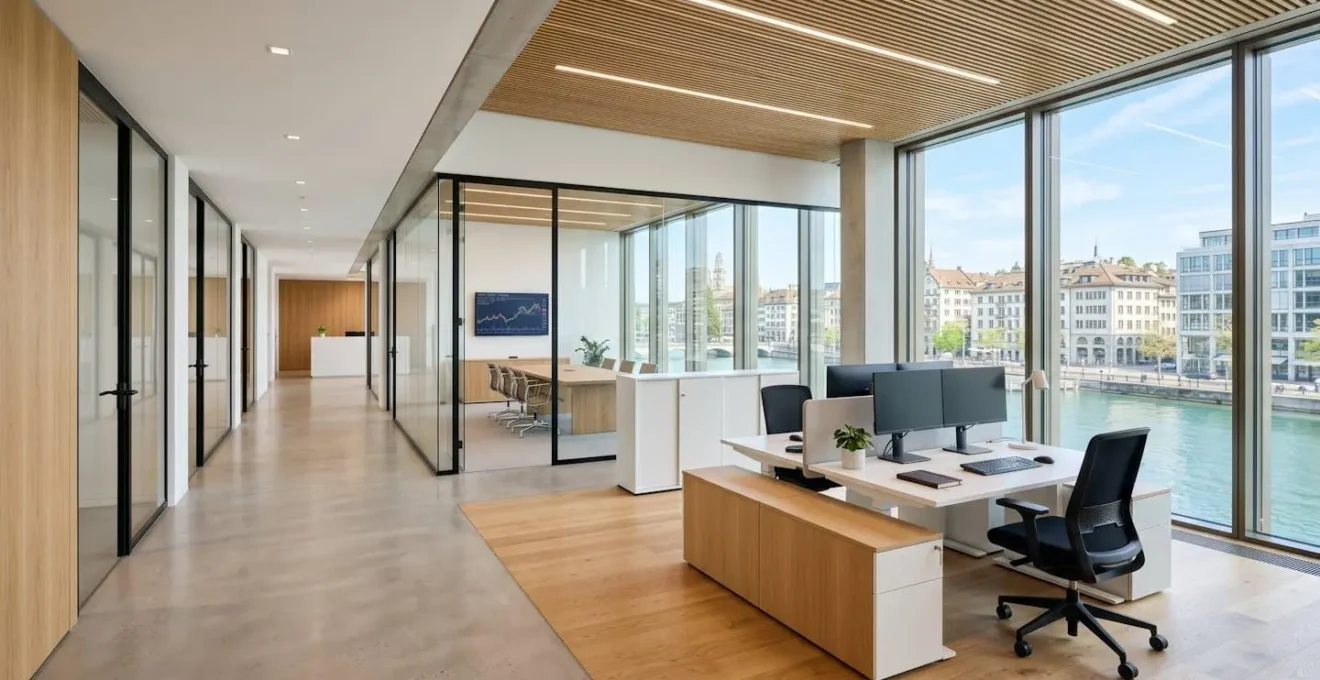 Espace bureau professionnel contemporain avec grandes baies vitrées, design minimaliste épuré, lumière naturelle abondante, sans présence humaine au premier plan