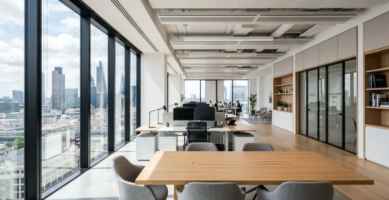 Espace bureau professionnel contemporain avec grandes baies vitrées, design minimaliste épuré, lumière naturelle abondante, sans présence humaine au premier plan