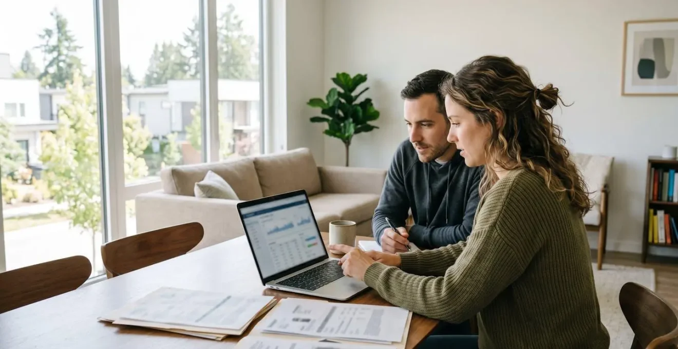 Un couple trentenaire consulte ensemble des documents financiers sur un ordinateur portable installé sur une table de salon contemporaine, lumière naturelle abondante