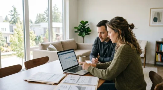 Un couple trentenaire consulte ensemble des documents financiers sur un ordinateur portable installé sur une table de salon contemporaine, lumière naturelle abondante