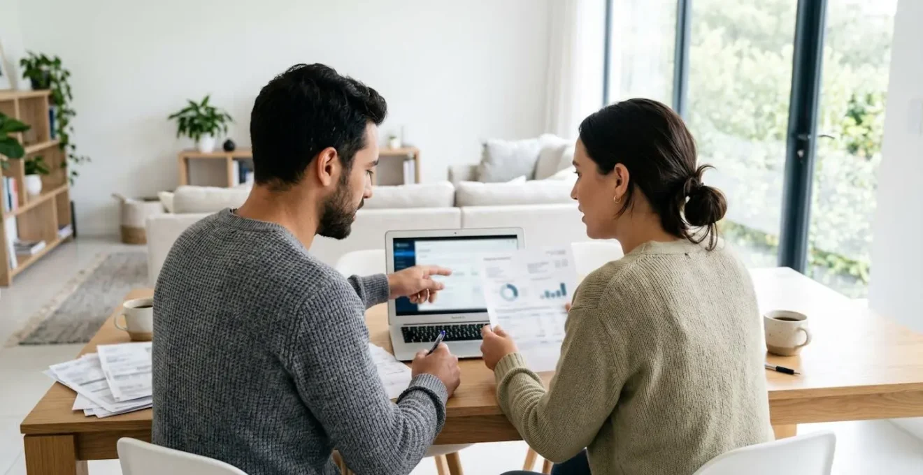 Un couple trentenaire consulte ensemble des documents financiers sur un ordinateur portable installé sur une table de salon contemporaine, lumière naturelle abondante