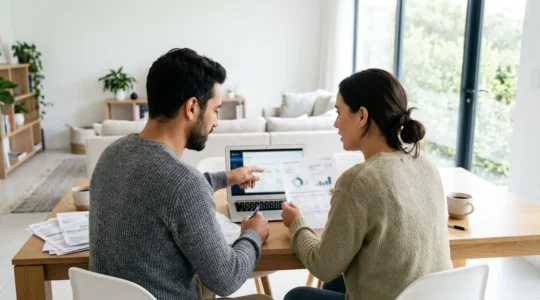 Un couple trentenaire consulte ensemble des documents financiers sur un ordinateur portable installé sur une table de salon contemporaine, lumière naturelle abondante