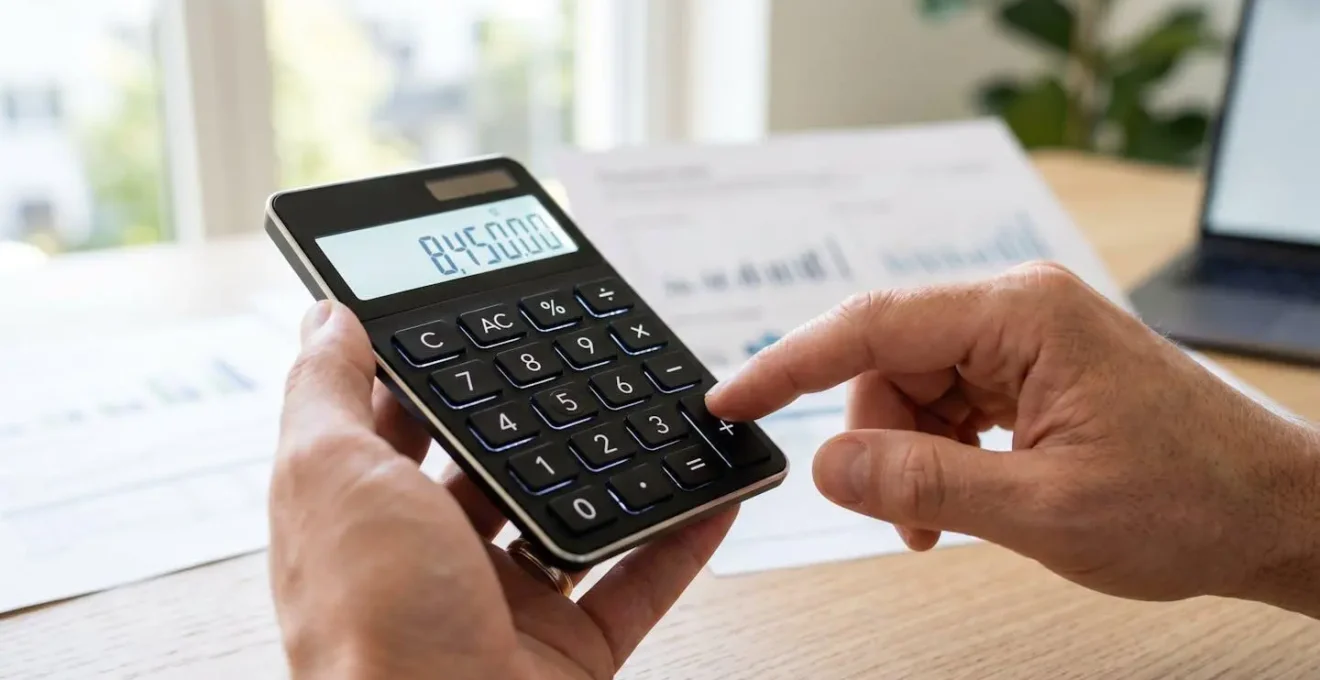Gros plan sur des mains manipulant une calculatrice moderne avec des documents financiers flous en arrière-plan sur un bureau contemporain