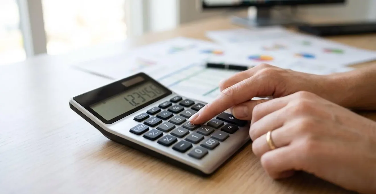 Gros plan sur des mains manipulant une calculatrice moderne avec des documents financiers flous en arrière-plan sur un bureau contemporain