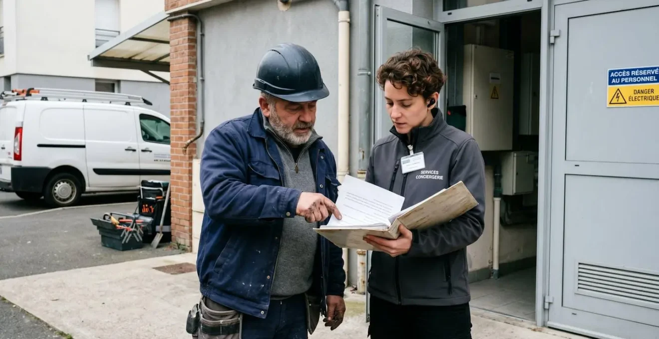 Agent de conciergerie coordonnant avec un artisan local lors d'une intervention technique sur un bien immobilier