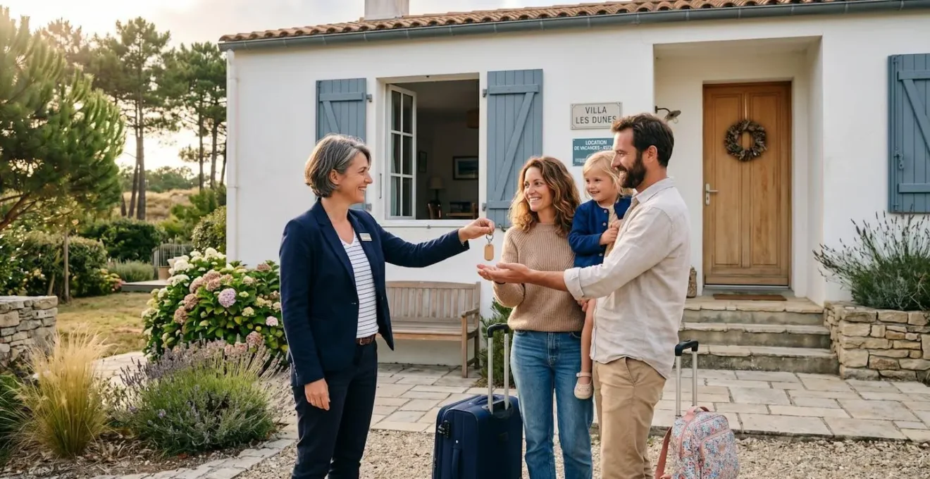 Agent de conciergerie remettant les clés à une famille de vacanciers devant une maison de location saisonnière en bord de mer