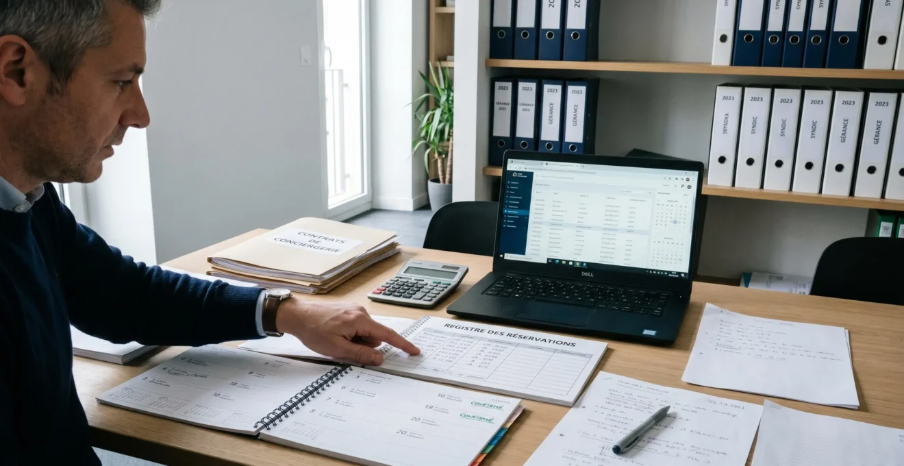 Professionnel de conciergerie analysant documents et calendrier de réservations dans un bureau d'agence immobilière