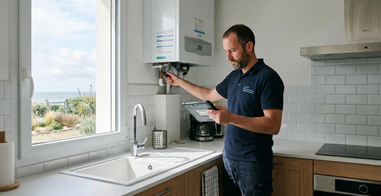Technicien de conciergerie réalisant un contrôle d'équipement dans une cuisine moderne de résidence secondaire littorale, tablette en main, lumière naturelle