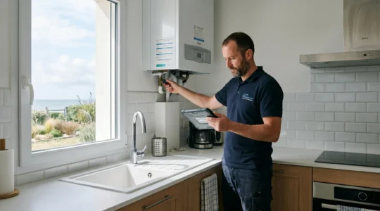 Technicien de conciergerie réalisant un contrôle d'équipement dans une cuisine moderne de résidence secondaire littorale, tablette en main, lumière naturelle