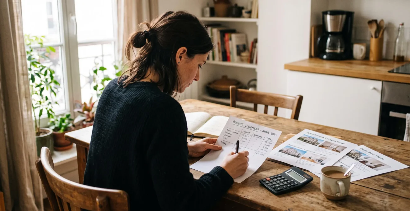 Une acheteuse établit son budget immobilier à l'aide d'une calculatrice et de notes manuscrites à son domicile.