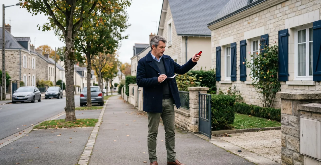 Un agent immobilier mesure la façade d'une maison avec un télémètre laser dans une rue résidentielle de Vertou.