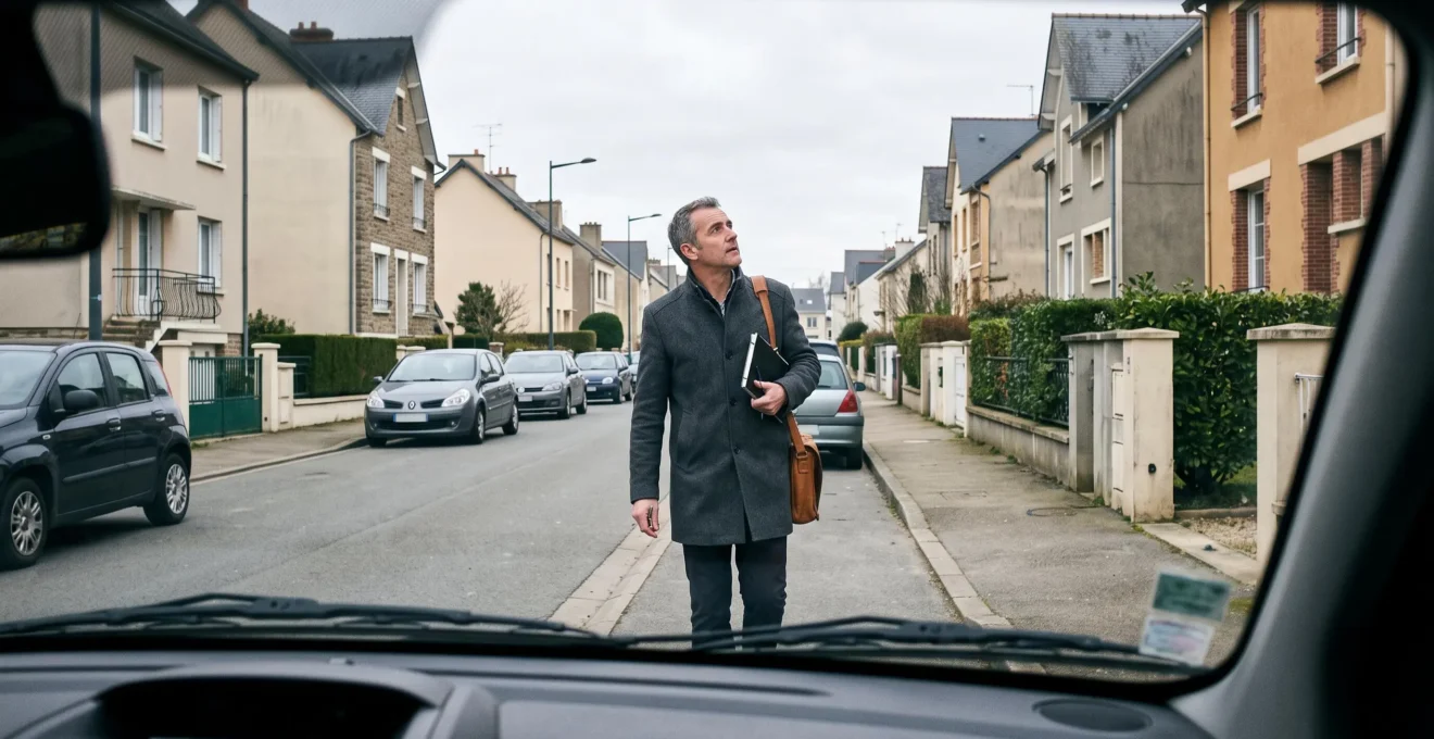 Un agent immobilier observe les façades de maisons depuis une rue résidentielle de Vertou, carnet en main.