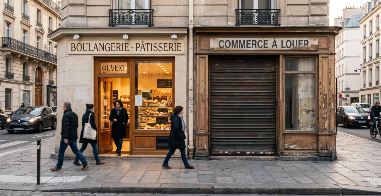Deux locaux commerciaux de taille comparable sur une même rue : l'un animé et ouvert, l'autre fermé volets baissés.