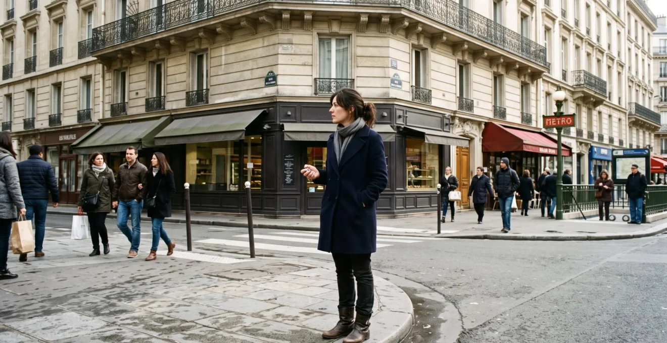 Une femme observe et compte les passants devant des locaux commerciaux dans une rue commerçante parisienne.