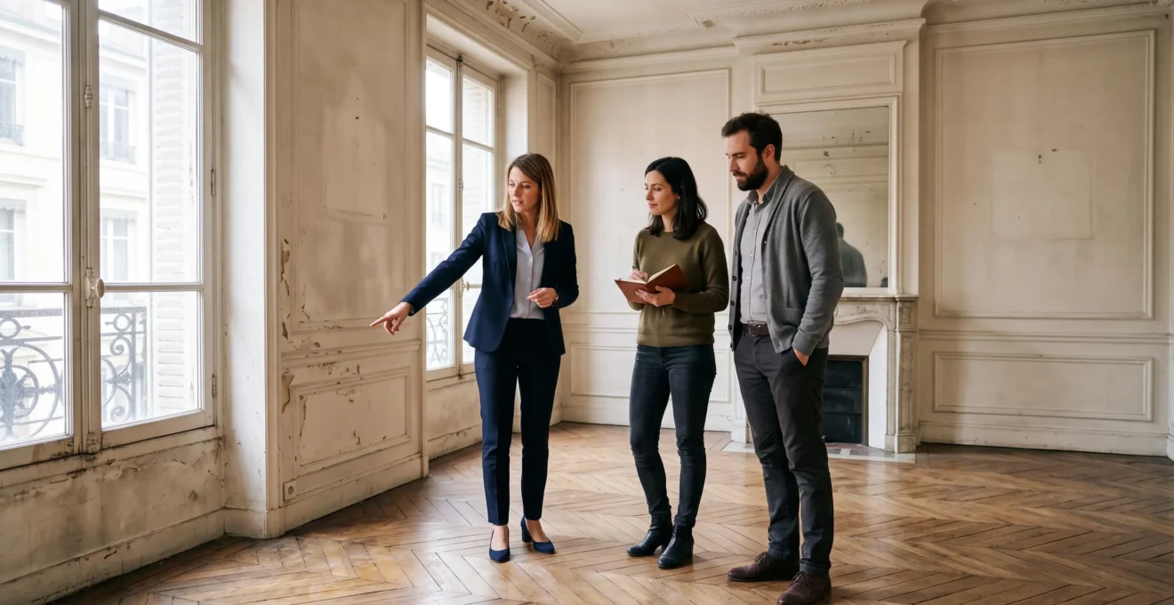 Un couple visite un appartement ancien avec un agent immobilier dans un immeuble haussmannien.