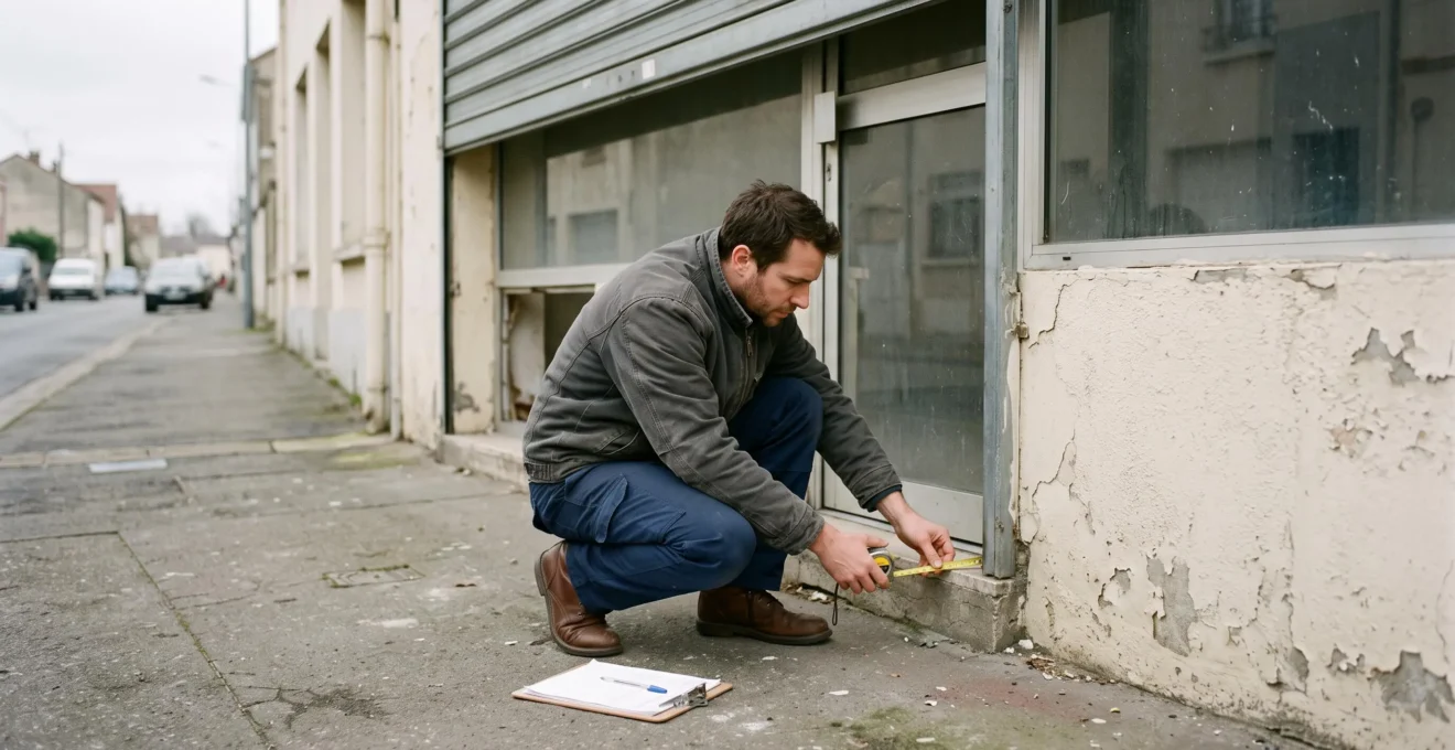Un expert immobilier mesure le linéaire de façade d'un local commercial fermé depuis le trottoir.