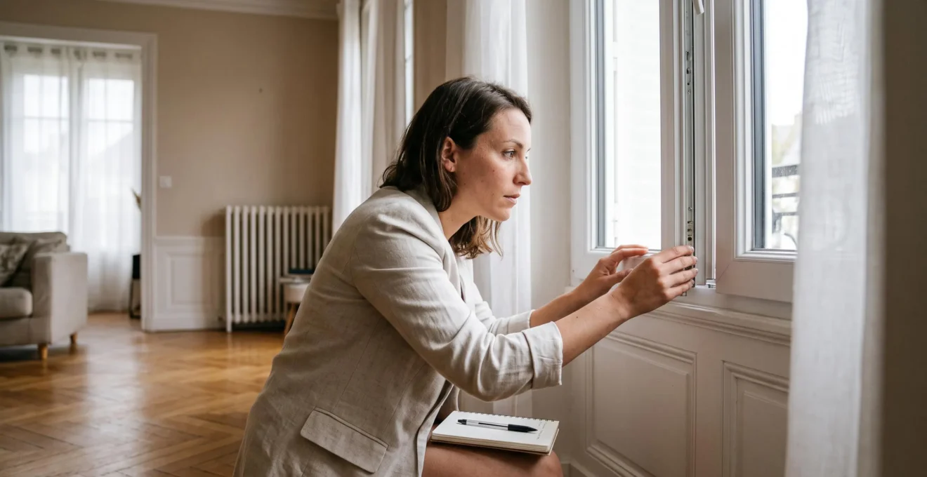 Une experte immobilière inspecte de près la menuiserie d'une fenêtre dans un salon lumineux lors d'une visite d'estimation.