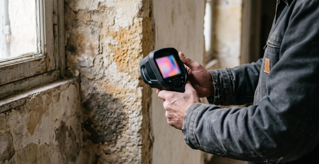 Un inspecteur utilise une caméra thermique pour analyser un mur présentant une trace d'humidité dans un appartement ancien.