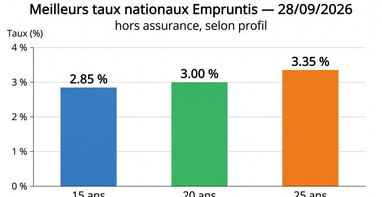 Graphique des meilleurs taux immobiliers en France sur 15, 20 et 25 ans au 28 septembre 2026