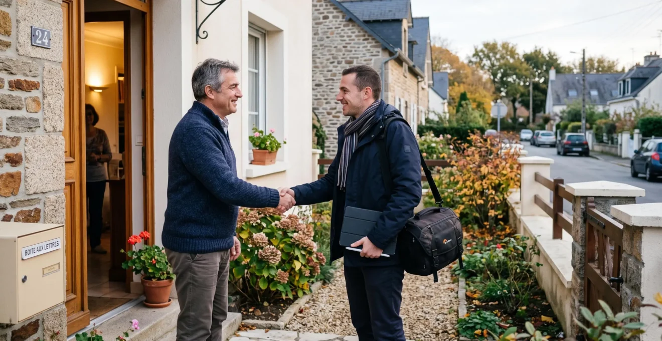 Un propriétaire accueille un agent immobilier à la porte de sa maison lors d'une visite d'estimation.