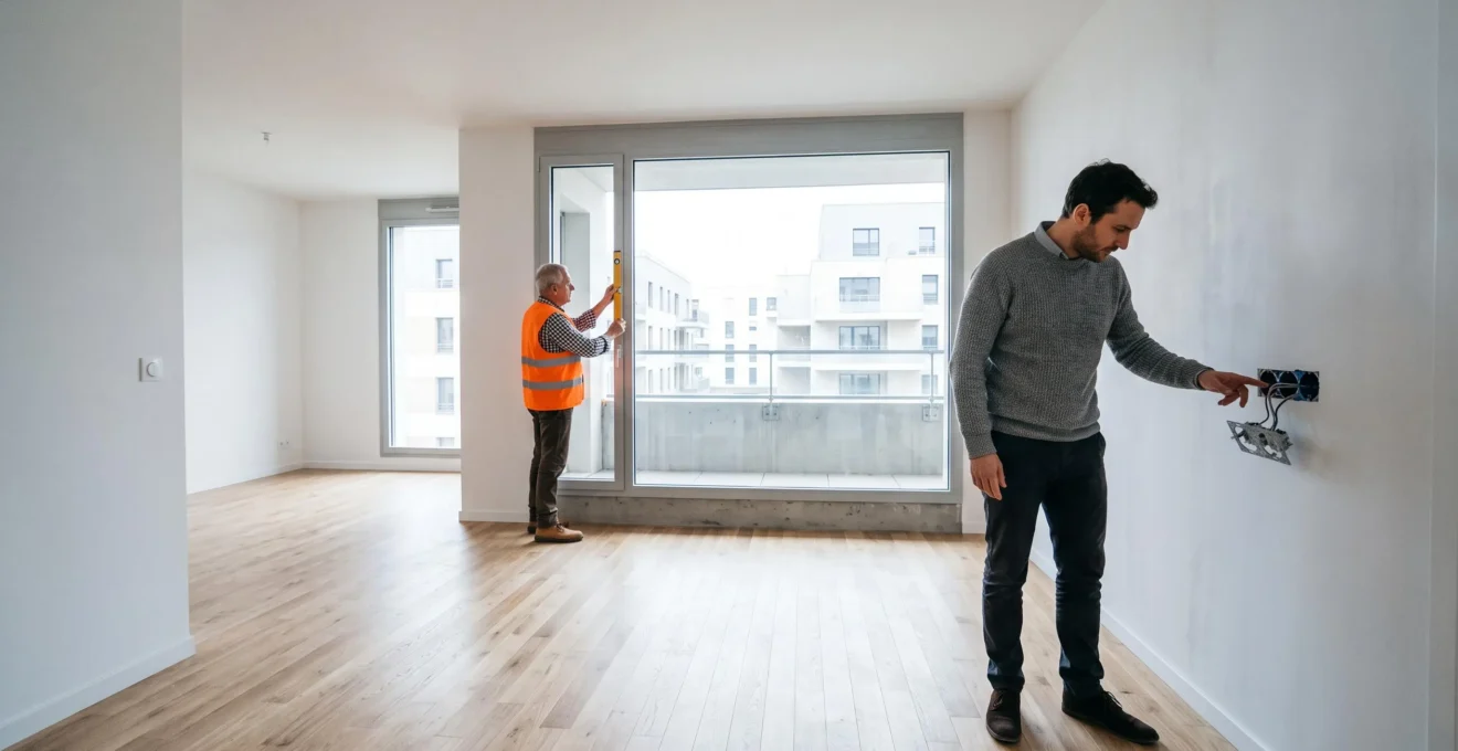Un acheteur visite un appartement neuf vide tandis qu'un chargé de travaux contrôle une fenêtre au niveau à bulle.